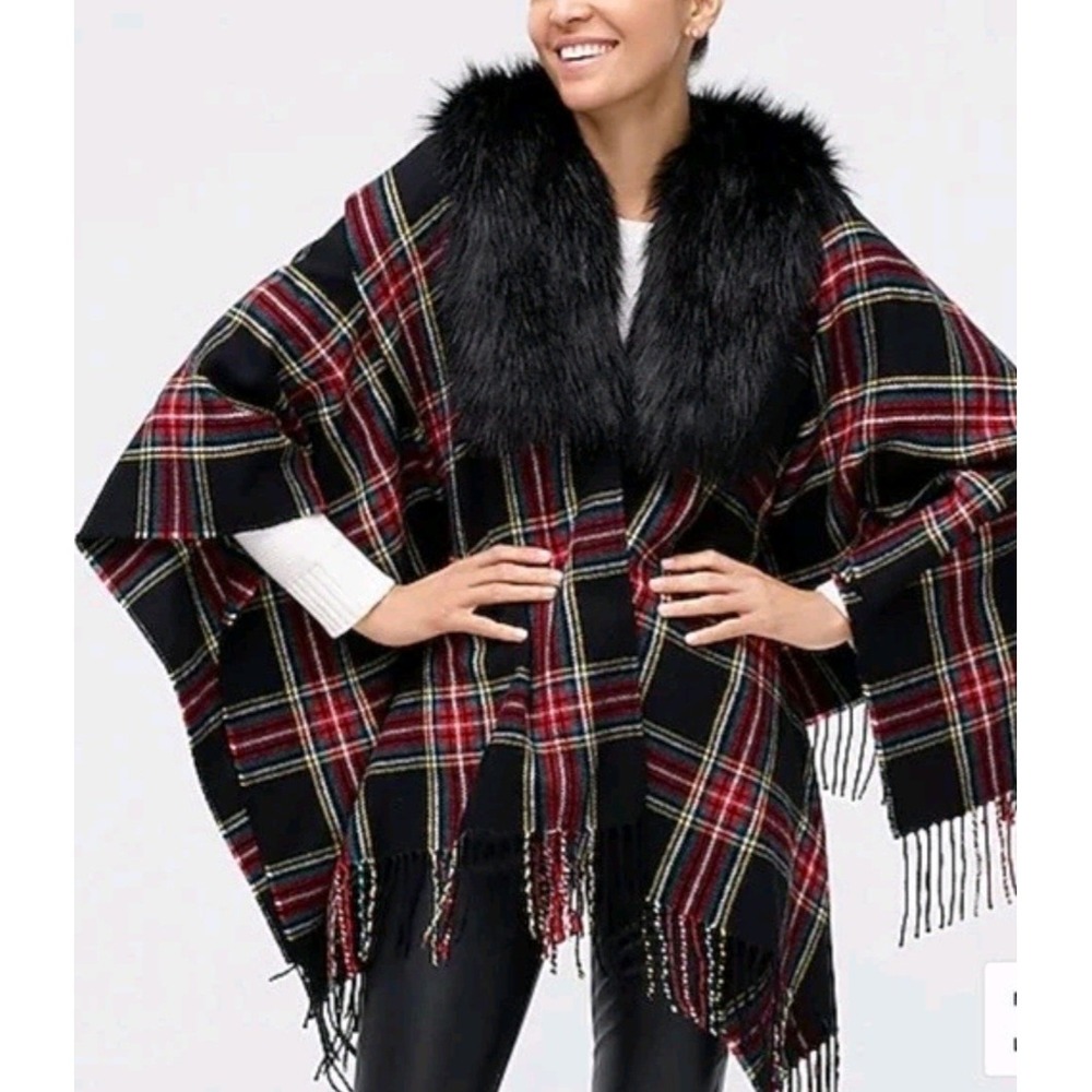 J. Crew Women's Trendy Classic Stewart Tartan  Plaid Cape w/ Black Faux Fur Trim